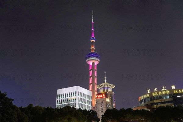 Oriental Pearl Tower, Pudong, Shanghai, China, Asia, The illuminated skyline at night with the Oriental Pearl Tower as a striking landmark, People's Republic of China, Asia