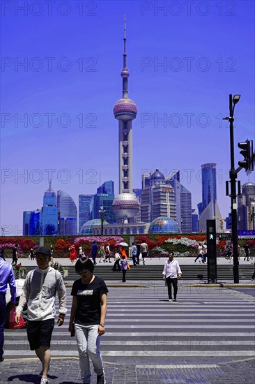 Stroll through Shanghai to the sights, Shanghai, China, Asia, People crossing a zebra crossing with a view of the Shanghai Oriental Pearl Tower, Asia