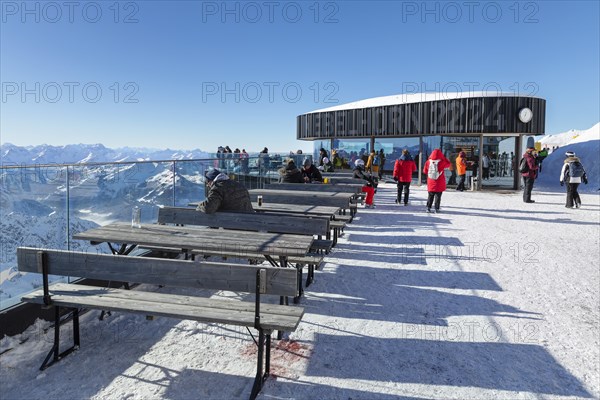 Summit restaurant at the Nebelhorn summit (2224m), Oberstdorf, Allgaeu, Swabia, Bavaria, Germany, Oberstdorf, Bavaria, Germany, Europe