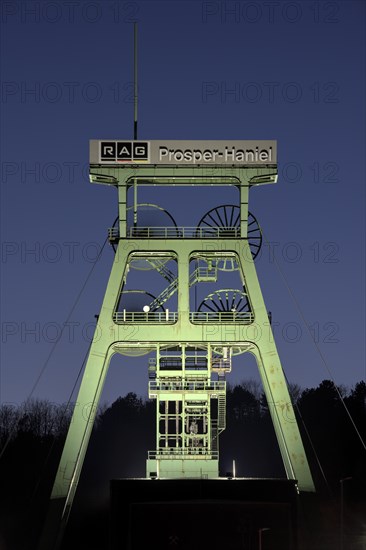 Prosper-Haniel colliery, at the blue hour, winding tower, Bottrop, Ruhr area, North Rhine-Westphalia, Germany, Europe