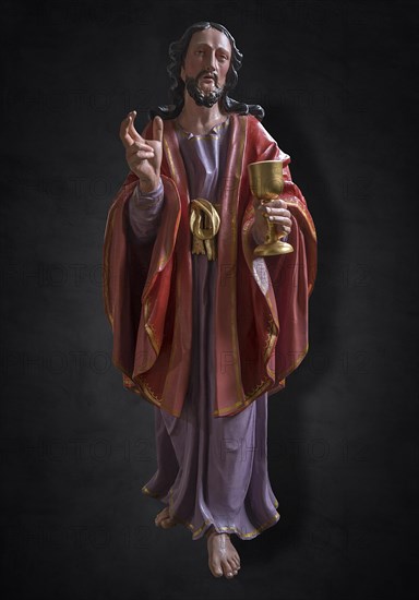 Life-size, carved Jesus figure, Last Supper figure, 350-year-old processional figure on a dark background, Neunkirchen am Brand, Middle Franconia, Bavaria, Germany, Europe