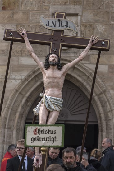 Historic Good Friday procession for 350 years with life-size wood-carved figures from the 18th century, Neunkirchen am Brand, Middle Franconia, Bavaria, Germany, Europe