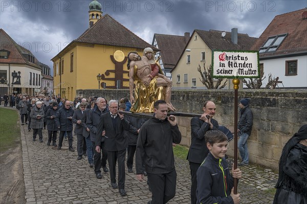 Historic Good Friday procession for 350 years with life-size wood-carved figures from the 18th century, Neunkirchen am Brand, Middle Franconia, Bavaria, Germany, Europe