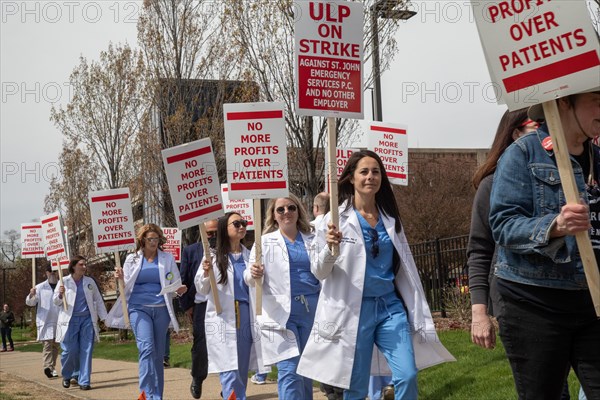 Detroit, Michigan USA, 18 April 2024, Doctors in the emergency room at Ascension St. John Hospital began a one-day strike to protest understaffing and unsafe conditions. The emergency room is operated by Team Health, which is owned by the private equity firm Blackstone. The 43 emergency doctors, physician assistants, and nurse practitioners organized the Greater Deroit Association of Emergency Physicians nearly a year ago