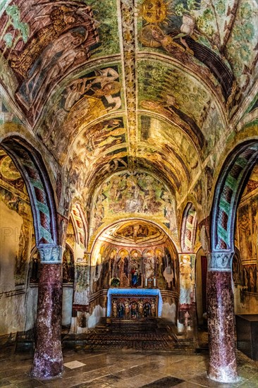 Centre apse with altar and Trinity as throne of grace, Gothic frescoes from 1490, a highlight of medieval wall painting, by Johannes von Kastav, Romanesque Church of the Holy Trinity, 15th century, Hrastovlje, Slovenia, Hrastovlje, Slovenia, Europe