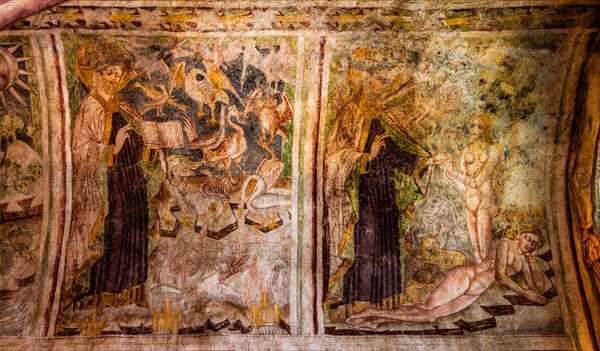 Barrel vaults with a history of creation, Gothic frescoes from 1490, a highlight of medieval wall painting, by Johannes von Kastav, Romanesque Church of the Holy Trinity, 15th century, Hrastovlje, Slovenia, Hrastovlje, Slovenia, Europe