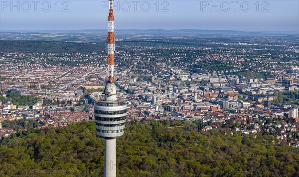 TV tower, world's first reinforced concrete tower, landmark and sight of the city of Stuttgart and official cultural monument, panoramic photo, drone photo, view of the city centre with collegiate church, Old Palace, New Palace, main railway station, Stuttgart, Baden-Wuerttemberg, Germany, Europe