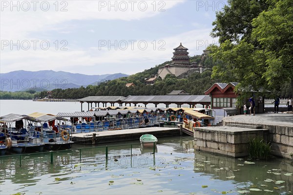 New Summer Palace, Beijing, China, Asia, A natural seascape with boats, quays and mountains in summer, Beijing, Asia