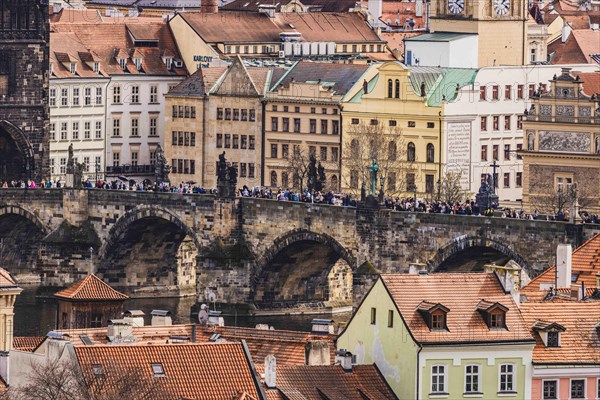 Figures of saints, Old Town, Charles Bridge Prague, crowds of people, city tour, Vltava River, boat trip, sights, church, view of Prague Castle, city view of Prague, Czech Republic, Europe