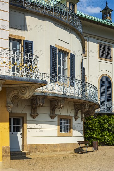 Architectural details of Pillnitz Castle on the edge of the Elbe cycle path in Pillnitz, Dresden, Saxony, Germany, Europe