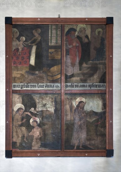 Four fragments of a Lenten cloth from the end of the 15th century, mounted as a wall panel, St Sebastian Church, Sulzfeld am Main, Lower Franconia, Bavaria, Germany, Europe