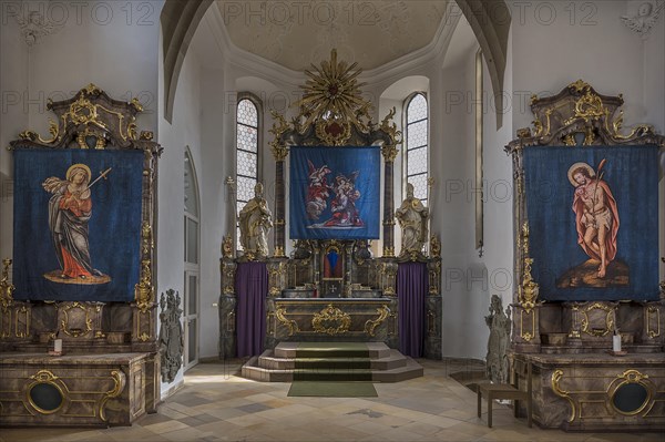 Three historic Lenten cloths in front of the altars, St Nicholas parish church, Gundelsheim, Baden-Wuerttemberg, Germany, Europe