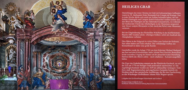 The Holy Sepulchre, created in 1764, on the right an information board in St Bartholomew's Church, Kleineibstadt, Lower Franconia, Bavaria, Germany, Europe