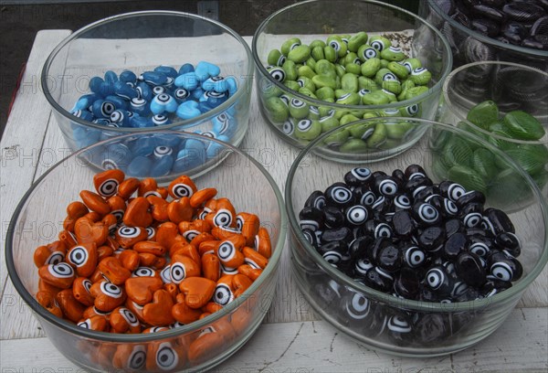 Souvenir hearts made of glass in different colors made in glassworks in Svaneke on the island of Bornholm, Baltic Sea, Denmark, Scandinavia, Northern Europe, Europe