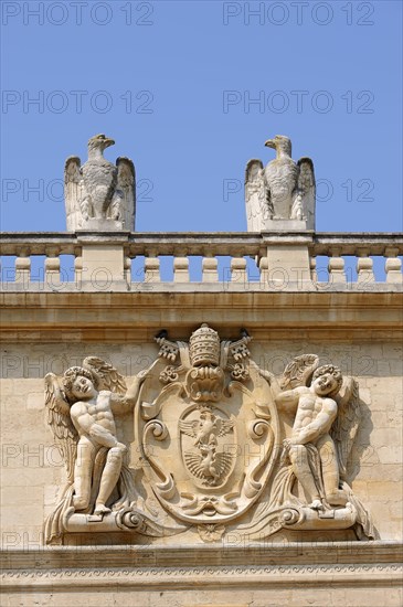 Coat of arms of Pope Paul V on the facade, Hotel des Monnaies, Avignon, Vaucluse, Provence-Alpes-Cote d'Azur, South of France, France, Europe