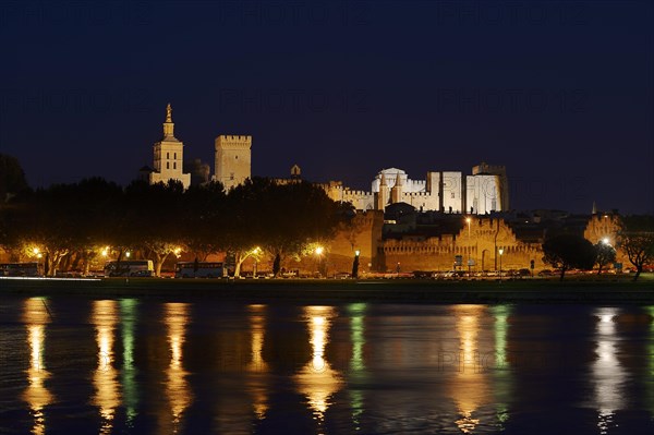 Papal Palace and Notre-Dame des Doms Cathedral at night, Avignon, Vaucluse, Provence-Alpes-Cote d'Azur, South of France, France, Europe