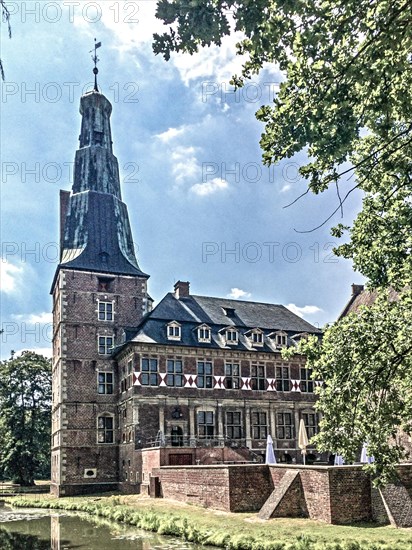 Panoramic photo with reduced dynamic colours in style of old historical photo shows view of historical moated castle from Renaissance Schloss Raesfeld, excursion destination in North Rhine-Westphalia, Freiheit Raesfeld, Muensterland, North Rhine-Westphalia, Germany, Europe