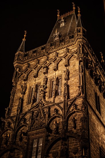 Sightseeing, tourist attraction, historical, building, Old Town Prague, night shot, Powder Tower, Prague, Czech Republic, Europe