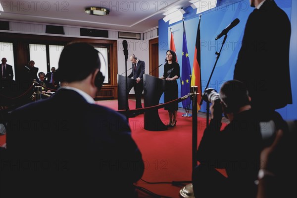 (R-L) Annalena Baerbock (Alliance 90/The Greens), Federal Foreign Minister, and Ayman Safadi, Foreign Minister of Jordan, speak to the media after a joint meeting in Berlin, 16 April 2024 / Photographed on behalf of the Federal Foreign Office