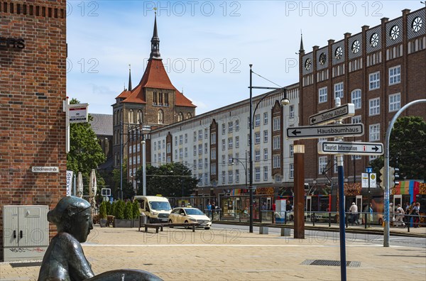 Everyday traffic situation on the corner of Schnickmannstrasse and Lange Strasse in the historic old town of Rostock, Mecklenburg-Vorpommern, Germany, 5 August 2019, for editorial use only, Europe