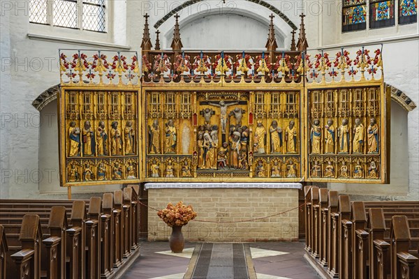 Interior view of the northern transept with former high altar of St Nicholas' Church in St Mary's Church in the historic old town of Rostock, Mecklenburg-Western Pomerania, Germany, Europe