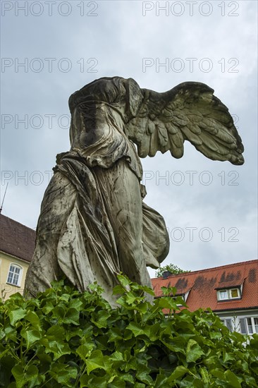 Copy of the Nike of Samothrace, the original of which is in the Louvre in Paris, in front of the art gallery of Isny Castle, formerly St George's Monastery, Isny im Allgaeu, Baden-Wuerttemberg, Germany, Europe