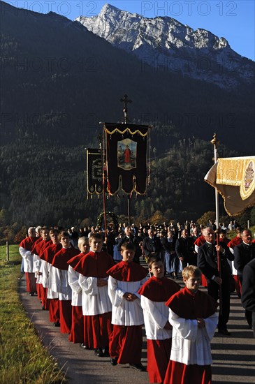 Altar servers at a harvest thanksgiving procession in Ramsau, Ramsau, Upper Bavaria, Germany, Europe