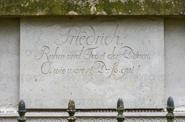 Inscription on the monument to Duke Friedrich zu Mecklenburg (1717-1785) in Ludwigslust Palace Park, created in 1788 by the sculptor Rudolf Kaplunger, Ludwigslust, Mecklenburg-Vorpommern, Germany, Europe