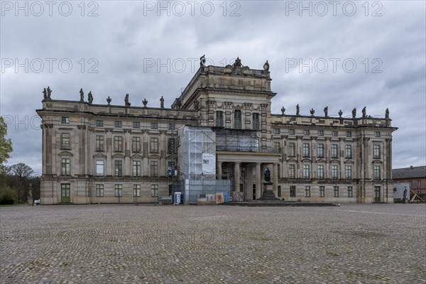 Ludwigslust Palace of the Dukes of Mecklenburg-Schwerin in the palace park, scaffolding in front of the baroque palace due to renovation work, Ludwigslust, Mecklenburg-Vorpommern, Germany, Europe