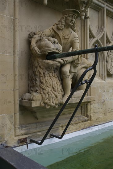 Lion figure at the fish fountain, fountain, market fountain, old town, market square, Schwaebisch Hall, Hohenlohe, Heilbronn-Franken, Baden-Wuerttemberg, Germany, Europe