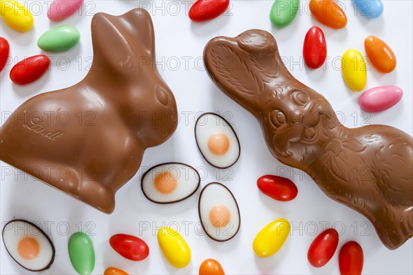 Easter, symbol photo, Easter bunny made of chocolate and colourful Easter eggs, text free space, Germany, Europe