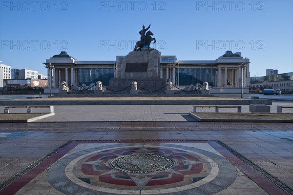Mongolian government palace, state palace, parliament building with statue of Genghis Khan in the capital Ulaanbaatar, Ulan Bator, Mongolia, Asia