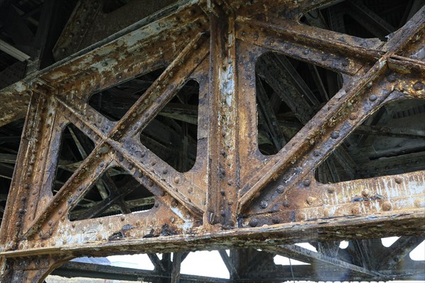Rusted iron structure of a bridge, Solvay chemical plant for the production of bicarbonate and carbonate of soda or sodium carbonate, Dombasle-sur-Meurthe, Meurthe-et-Moselle department, Lorraine, Grand Est region, France, Europe