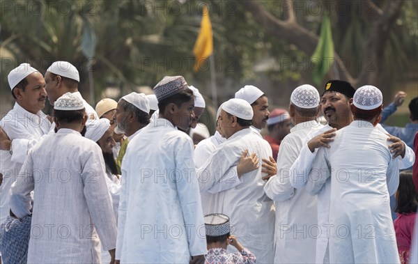 GUWAHATI, INDIA, APRIL 11: Muslims greets each other after perform Eid al-Fitr prayer at Eidgah in Guwahati, India on April 11, 2024. Muslims around the world are celebrating the Eid al-Fitr holiday, which marks the end of the fasting month of Ramadan