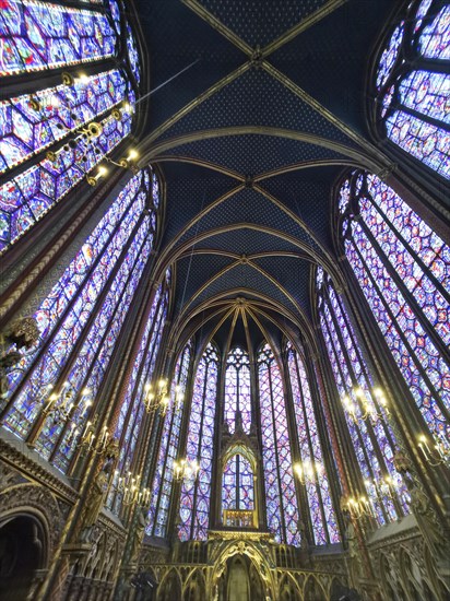 Paris 1er arr. Stained glass of the Holy Chapel (La Sainte Chapelle) built on the Ile de la Cite at the request of Saint Louis, Ile de France. France