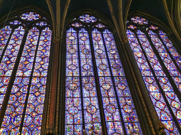 Paris 1er arr. Stained glass of the Holy Chapel (La Sainte Chapelle) built on the Ile de la Cite at the request of Saint Louis, Ile de France. France