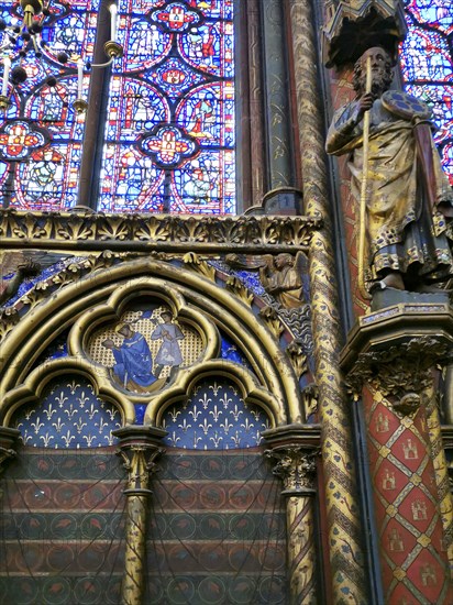 Paris 1er arr. The Holy Chapel (Sainte Chapelle) built on the Ile de la Cite at the request of Saint Louis, Medallions located on the arcatures. Ile de France. France