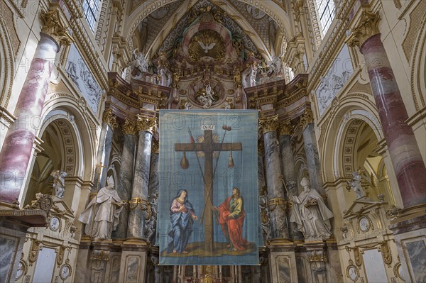 Historic Lenten cloth, around 1750, in front of the altar of the monastery church of St Rochus, Ebrach, Lower Franconia, Bavaria, Germany, Europe