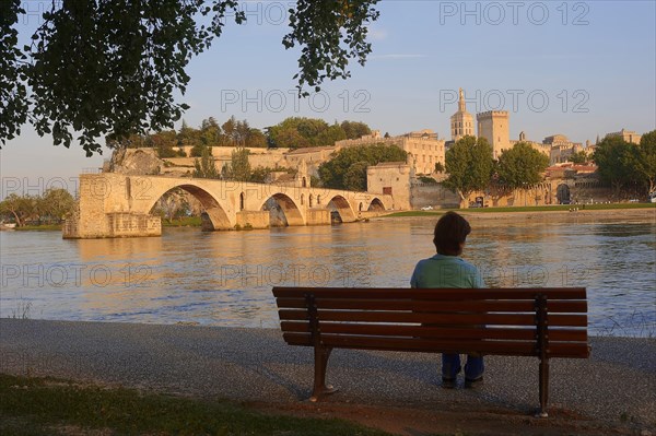 Woman on a park bench on the banks of the Rhone, Pont Saint Benezet bridge, Papal Palace and Notre-Dame des Doms Cathedral, Avignon, Vaucluse, Provence-Alpes-Cote d'Azur, South of France, France, Europe