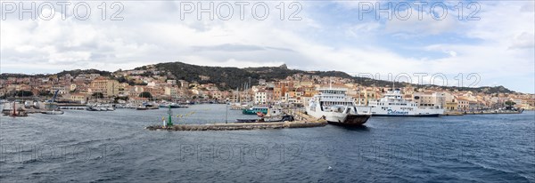 View from the sea, harbour and town of Maddalena, panoramic view, Isola La Maddalena, Sardinia, Italy, Europe