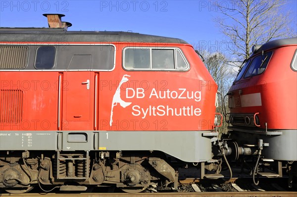 Close-up of the red Sylt Shuttle train with DB AutoZug logo, Sylt, North Frisian island, Schleswig-Holstein, Germany, Europe