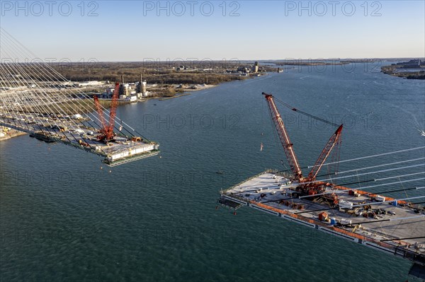 Detroit, Michigan USA -15 April 2024, Construction of the Gordie Howe International Bridge. The bridge will link Detroit with Windsor, Ontario across the Detroit River