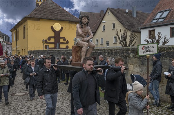 Historic Good Friday procession for 350 years with life-size wood-carved figures from the 18th century, Neunkirchen am Brand, Middle Franconia, Bavaria, Germany, Europe