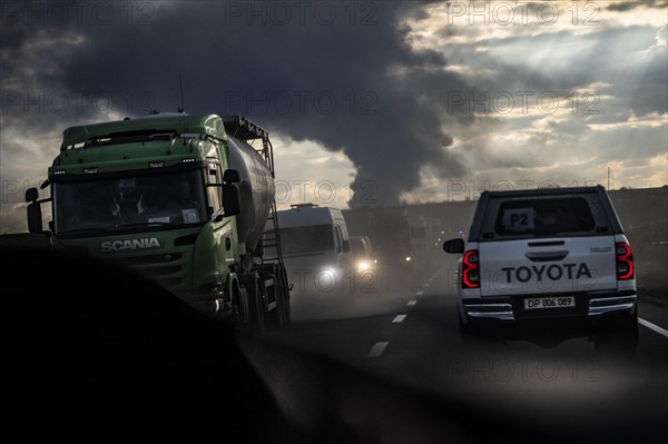 The Federal Minister for Economic Affairs and Climate Protection Robert Habeck (Alliance 90/The Greens) is visiting Poland, Ukraine and the Republic of Moldova from 17.04-19.04.2024. Odessa, 19.04.2024. Drive past the column of smoke in the port of Odessa, where there was a missile strike in the morning