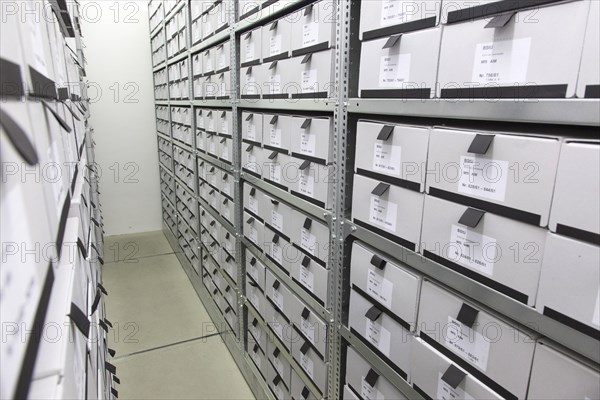 Archived index cards of the Stasi at the Federal Commissioner for the Records of the State Security Service of the former German Democratic Republic, BStU. Files and documents of the Ministry for State Security of the GDR are stored in the Stasi Records Authority, 17 January 2015, Berlin, Berlin, Germany, Europe