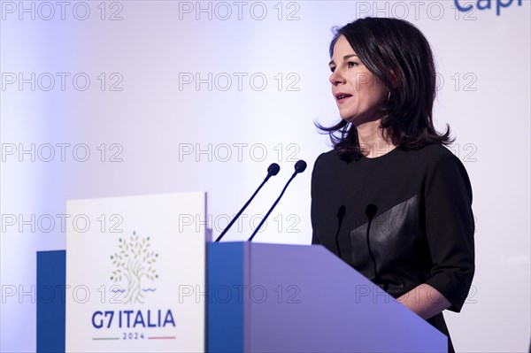 Annalena Baerbock (Alliance 90/The Greens), Federal Foreign Minister, photographed at a press conference during the meeting of the G7 foreign ministers in Capri, 18 April 2024. Photographed on behalf of the Federal Foreign Office