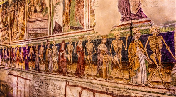 Dance of Death on the south wall, the equality of all people in front of death, Gothic frescoes from 1490, a highlight of medieval wall painting, by Johannes von Kastav, Romanesque Church of the Holy Trinity, 15th century, Hrastovlje, Slovenia, Hrastovlje, Slovenia, Europe