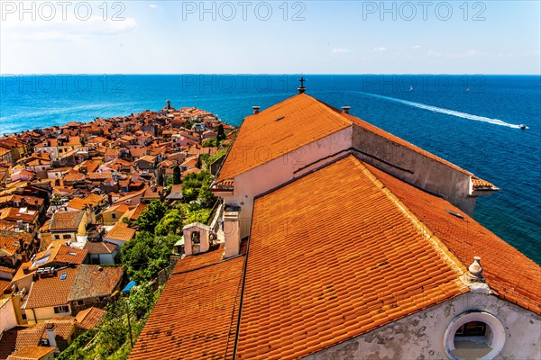 View from the bell tower over Piran, harbour town of Piran on the Adriatic coast with Venetian flair, Slovenia, Piran, Slovenia, Europe