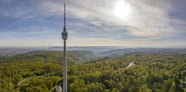 TV tower, the world's first reinforced concrete tower, landmark and sight of the city of Stuttgart and official cultural monument, panoramic photo, drone photo, Stuttgart, Baden-Wuerttemberg, Germany, Europe