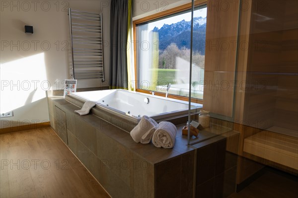 Luxurious bathroom with free-standing bathtub and view to the outside, Bad Reichenhall, Bavaria, Germany, Europe